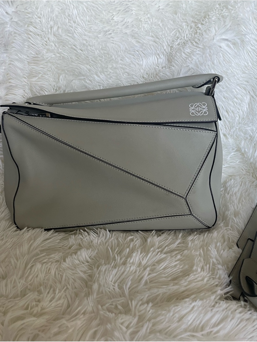 Loewe Puzzle Bag in Light Gray with Black Trim in medium size